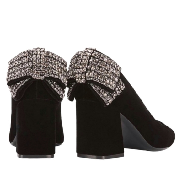 Tory Burch Shoes - TORY BURCH Velvet Block Heels Crystal Bow Black Pumps Sz 7.5 NWOT New